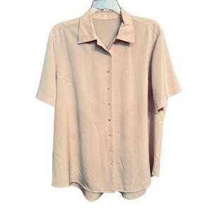 Classic Button-Up Short Sleeve Luxe Blouse Bust 55" Beige‎ Career OfficeCore